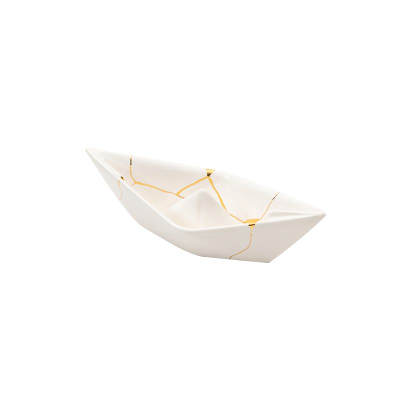 Barchetta Origami Kintsugi Crescentini piccola bianca con venature in oro