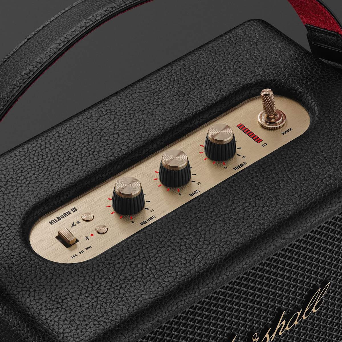 Marshall Kilburn III Black & Brass – dettaglio pannello comandi