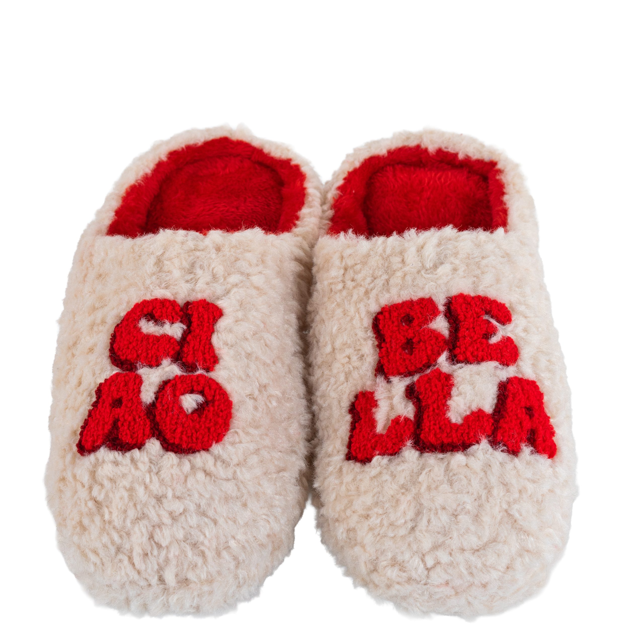 Pantofole Ciao Bella beige con scritta e interno rossi