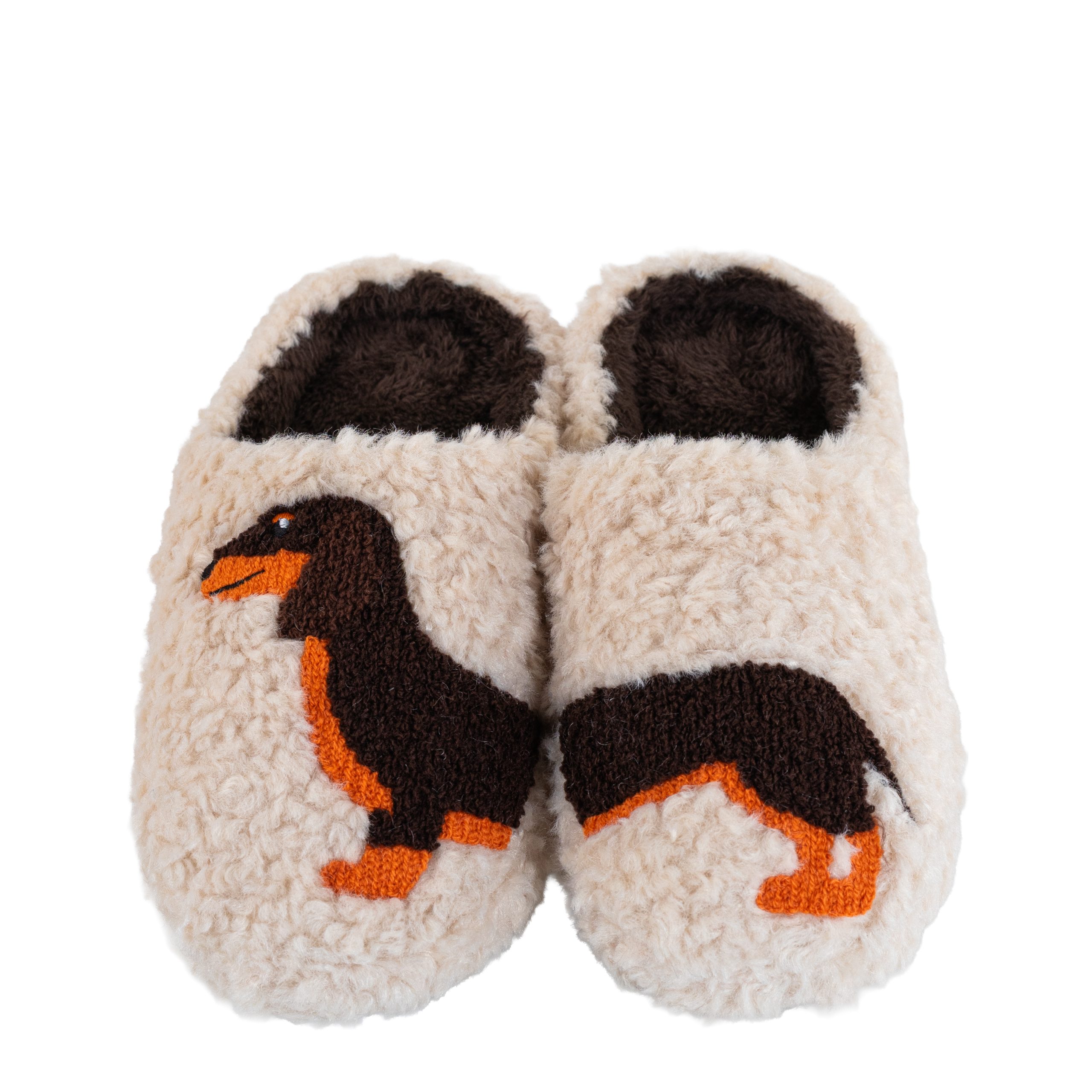 Pantofole Bassotto beige con cane marrone e arancio diviso sui due piedi